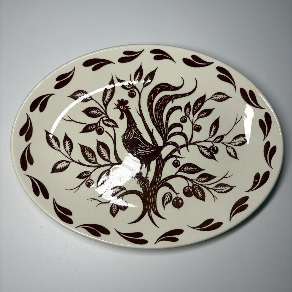 Vintage Dura Print Homer Laughlin Rooster Serving Dish USA Brown MCM